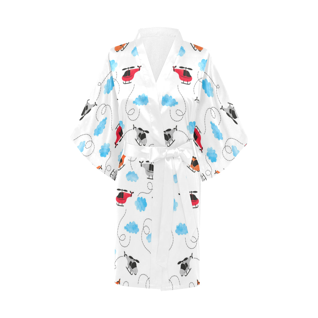 Watercolor helicopter cloud pattern Women's Short Kimono Robe