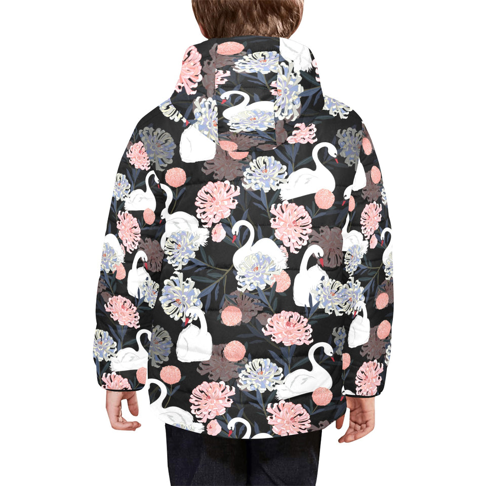 white swan blooming flower pattern Kids' Boys' Girls' Padded Hooded Jacket