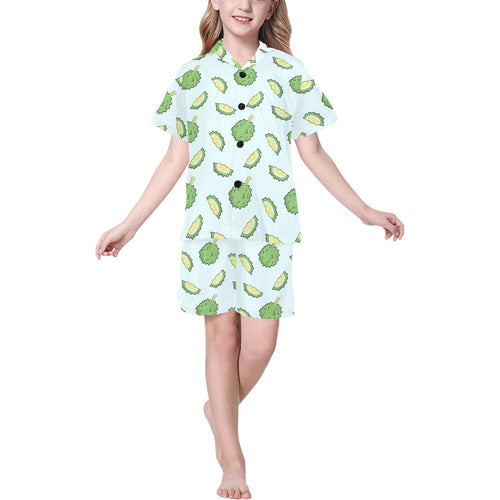 Durian pattern blue background Kids' Boys' Girls' V-Neck Short Pajama Set