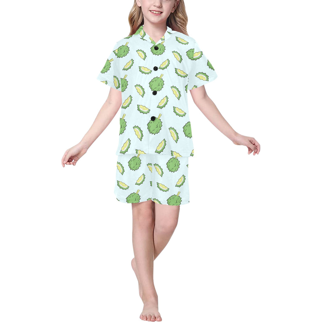 Durian pattern blue background Kids' Boys' Girls' V-Neck Short Pajama Set