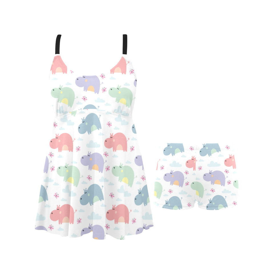 Hippopotamus Pattern Print Design 03 Chest Sexy Pleated Two Piece Swim Dress