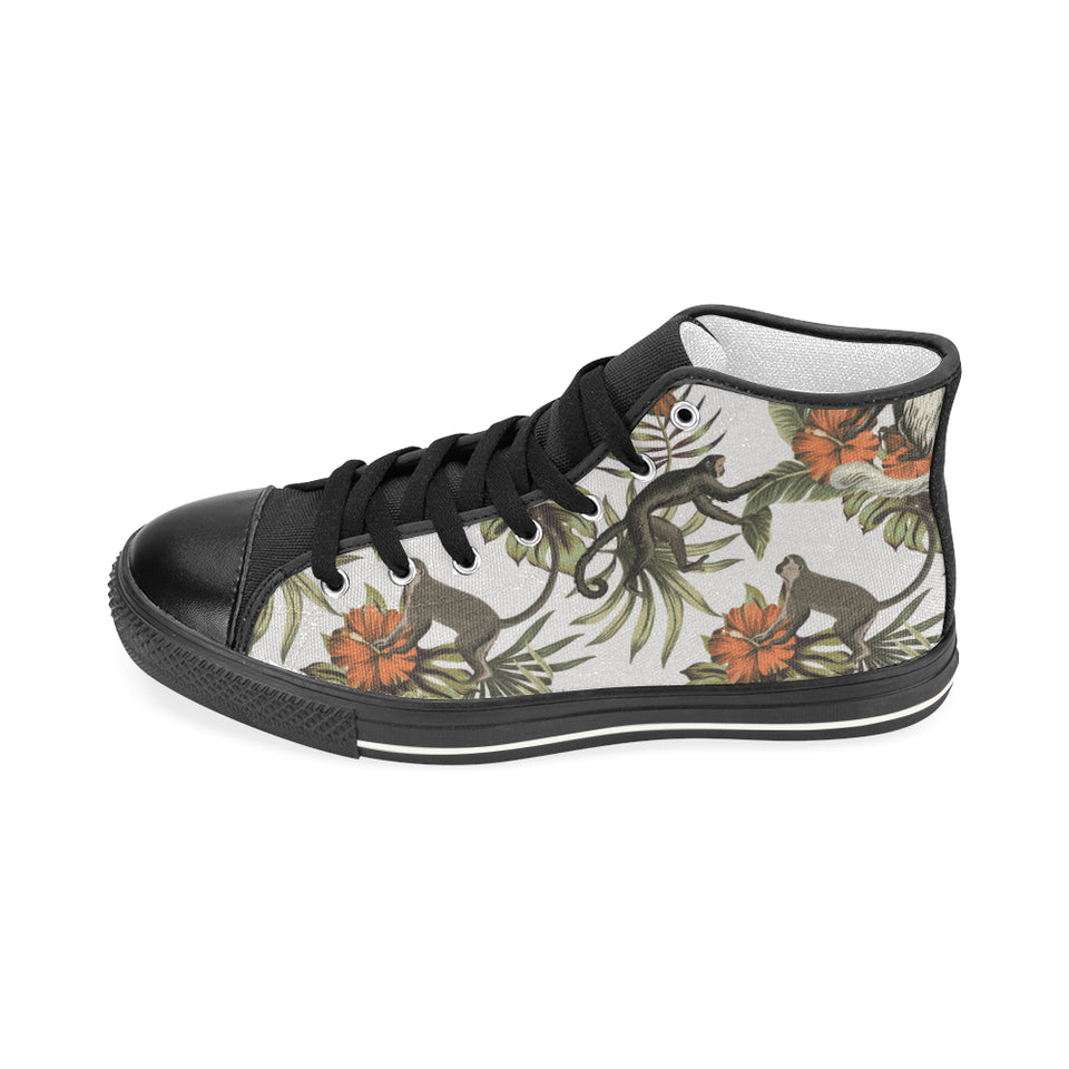 Monkey red hibiscus flower palm leaves floral patt Women's High Top Canvas Shoes Black