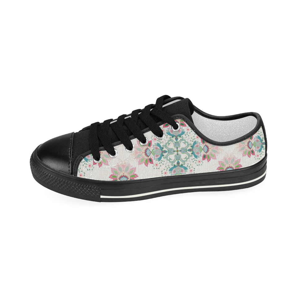 Square floral indian flower pattern Women's Low Top Canvas Shoes Black