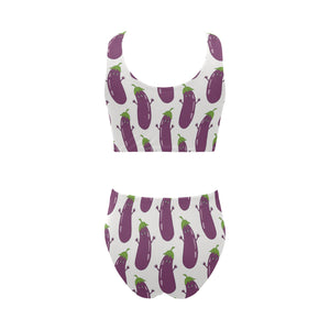 Eggplant Pattern Print Design 01 Chest Bowknot High Waisted Bikini Swimsuit