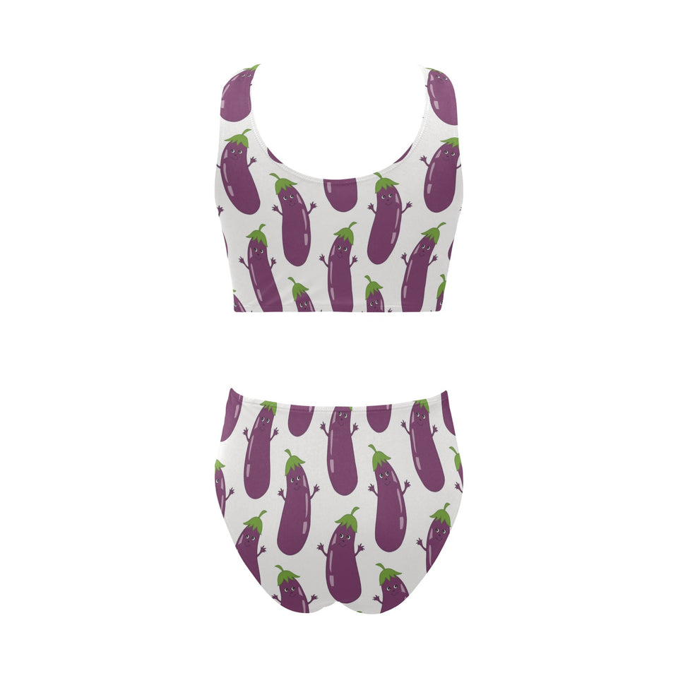 Eggplant Pattern Print Design 01 Chest Bowknot High Waisted Bikini Swimsuit