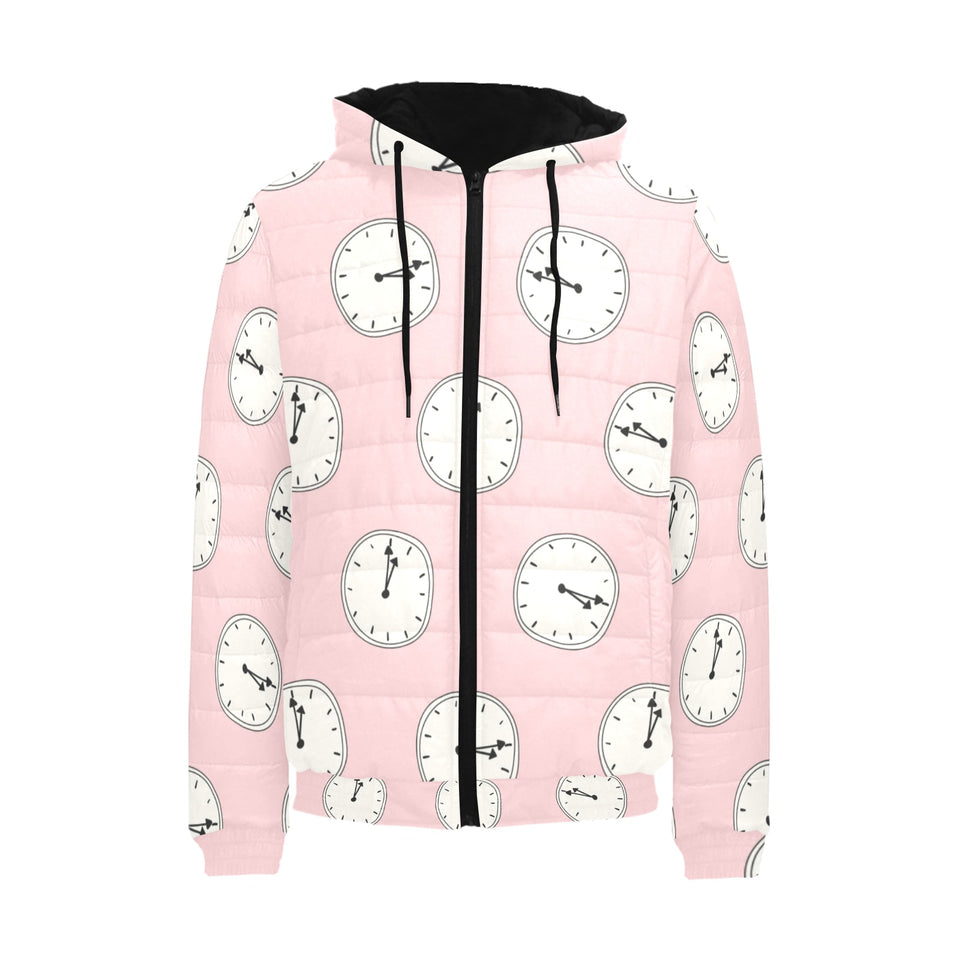 Clock pattern pink blackground Men's Padded Hooded Jacket
