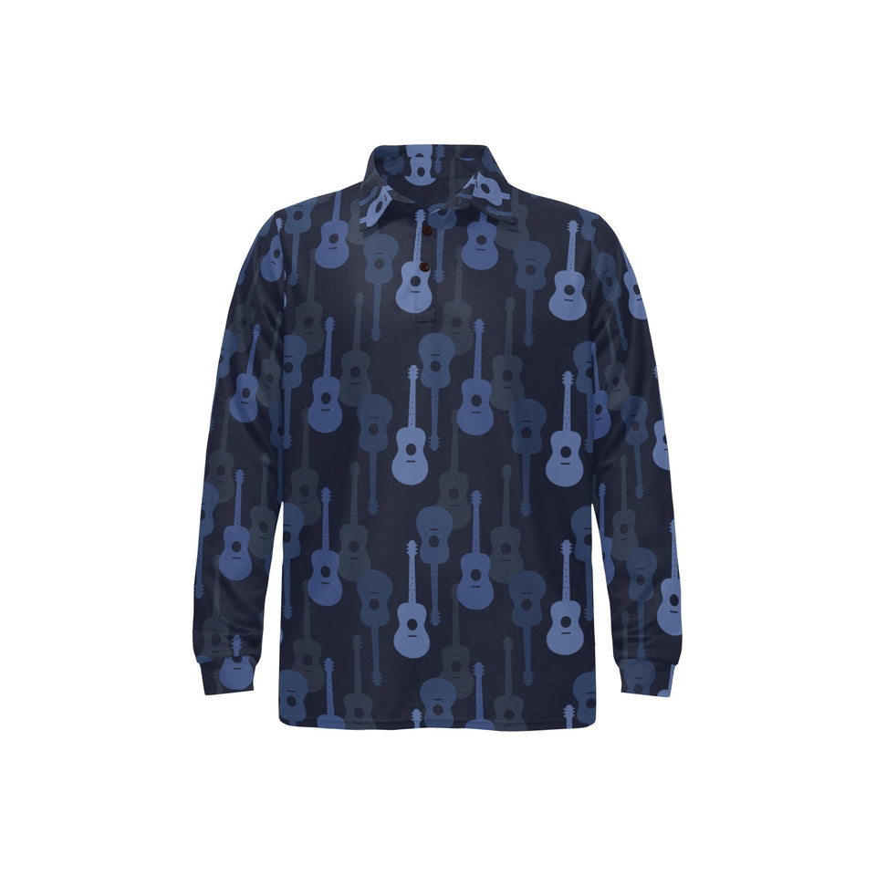 Blue Theme guitar pattern Men's Long Sleeve Polo Shirt