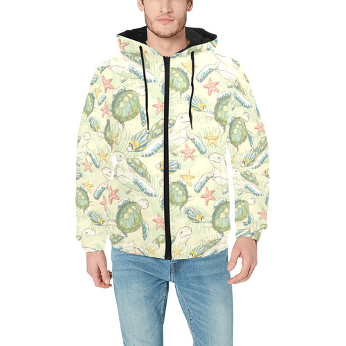 Hand drawn sea turtle fish pattern Men's Padded Hooded Jacket