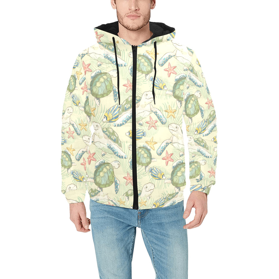 Hand drawn sea turtle fish pattern Men's Padded Hooded Jacket
