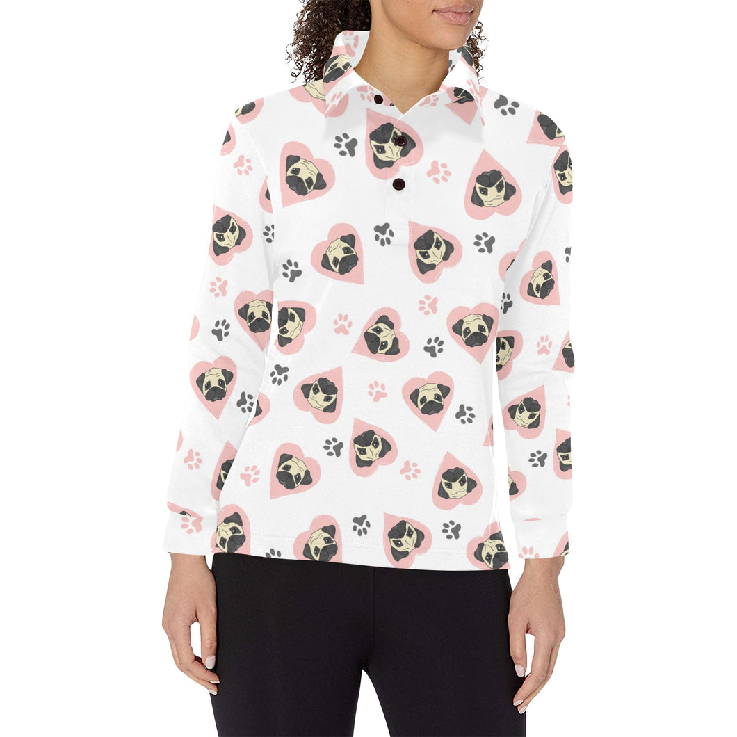 Cute pugs pink heart paw pattern Women's Long Sleeve Polo Shirt