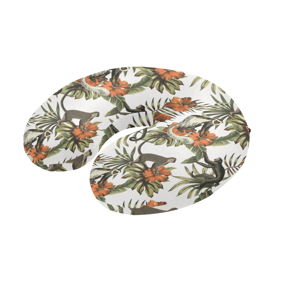 Monkey red hibiscus flower palm leaves floral patt U-Shaped Travel Neck Pillow