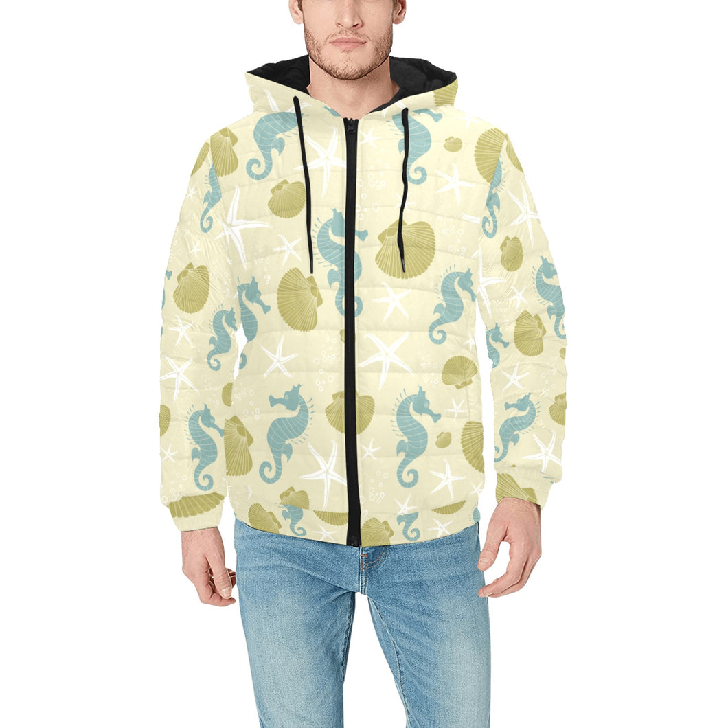 Seahorse shell starfish pattern background Men's Padded Hooded Jacket