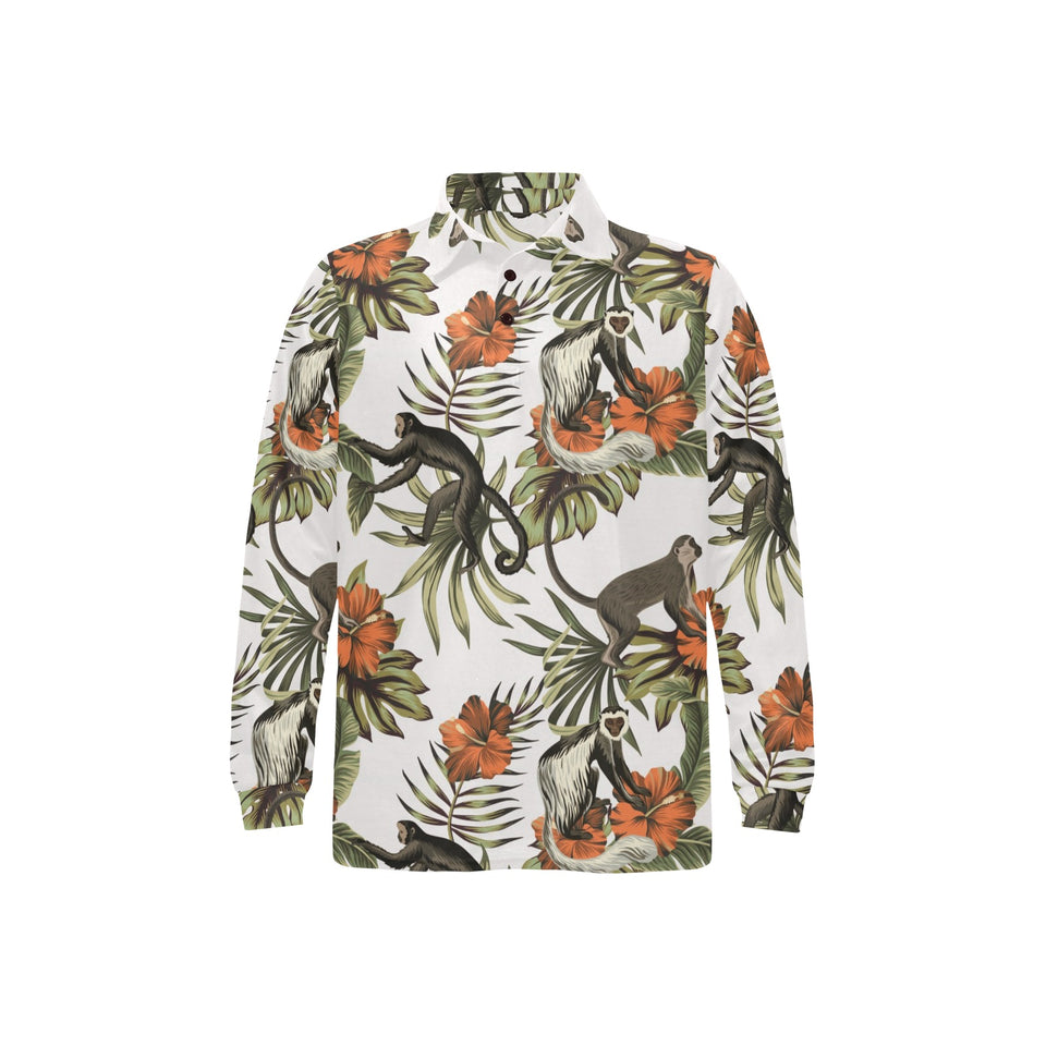 Monkey red hibiscus flower palm leaves floral patt Men's Long Sleeve Polo Shirt