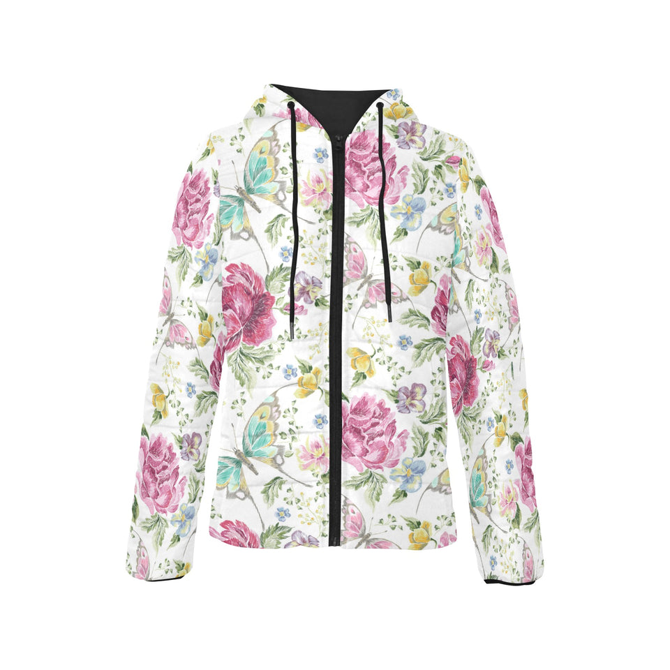 Hand drawn butterfly rose Women's Padded Hooded Jacket