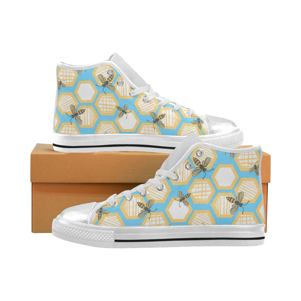 Bee honeycomb pattern Women's High Top Canvas Shoes White