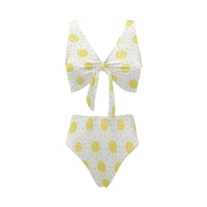hand drawn sun pattern Chest Bowknot High Waisted Bikini Swimsuit