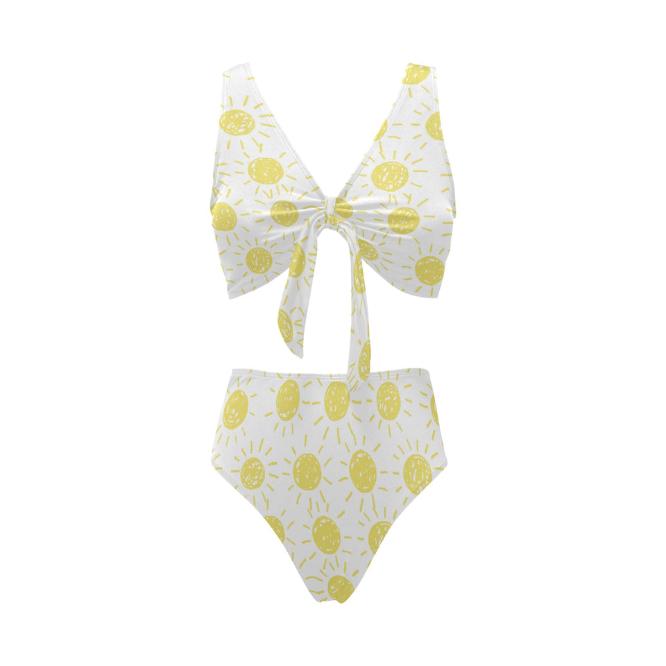 hand drawn sun pattern Chest Bowknot High Waisted Bikini Swimsuit