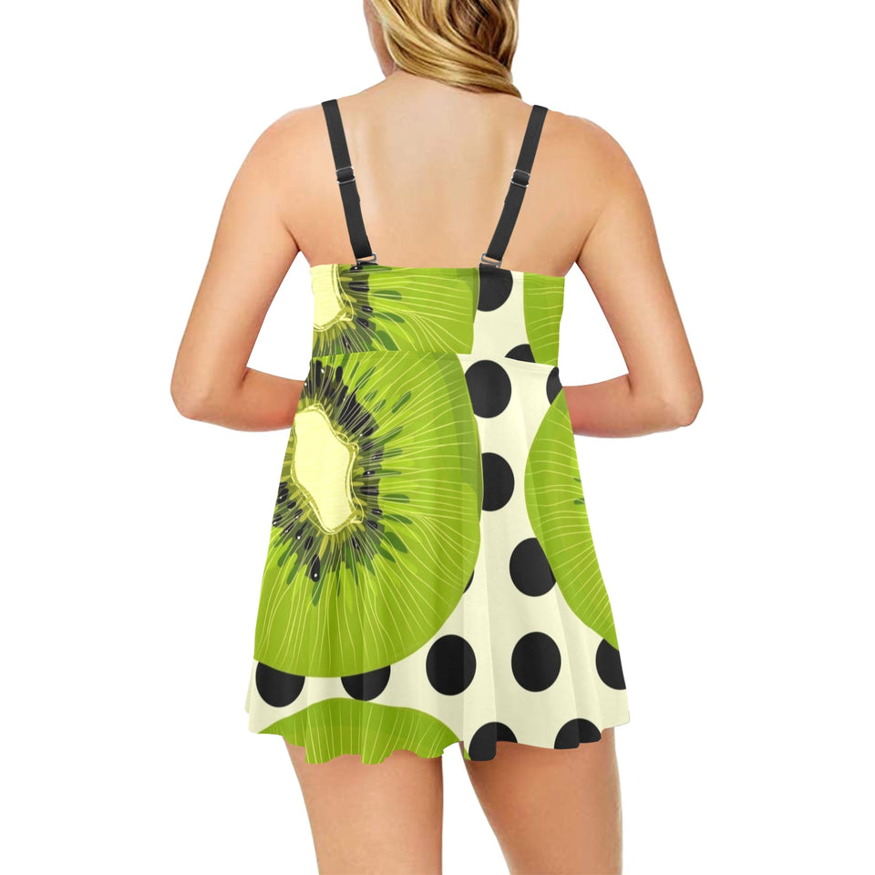 kiwi black dot background Chest Sexy Pleated Two Piece Swim Dress