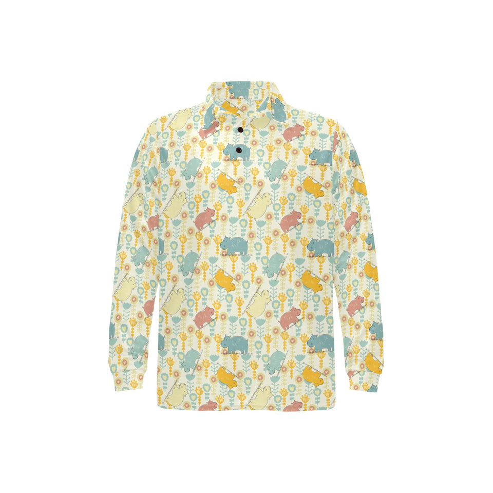 Hippopotamus Pattern Print Design 04 Men's Long Sleeve Polo Shirt