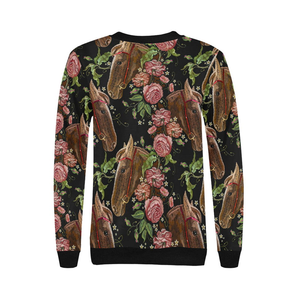 Horse head wild roses pattern Women's Crew Neck Sweatshirt