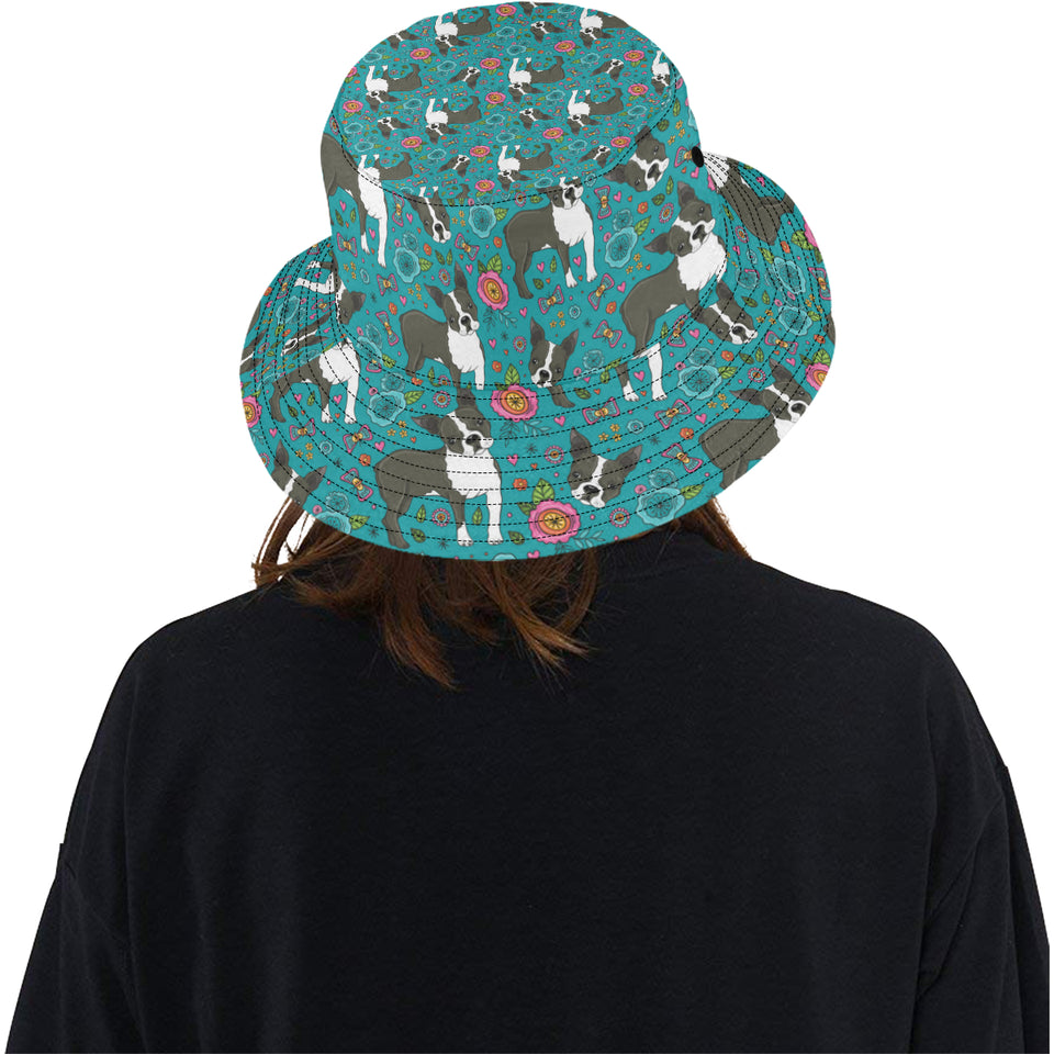 Boston terrier beautiful flower pattern Unisex Bucket Hat