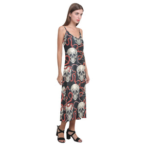 Red snake skull pattern V-Neck Open Fork Long Dress