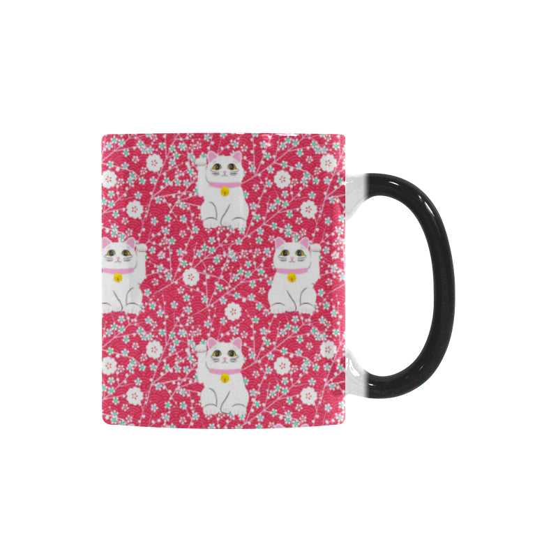 Maneki neko cat sakura pink background Morphing Mug Heat Changing Mug