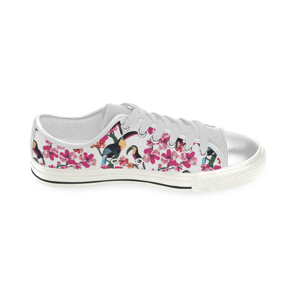 Toucan flower design pattern Women's Low Top Canvas Shoes White