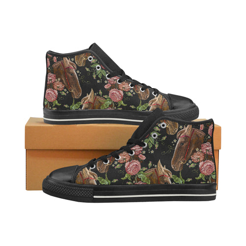 Horse head wild roses pattern Women's High Top Canvas Shoes Black