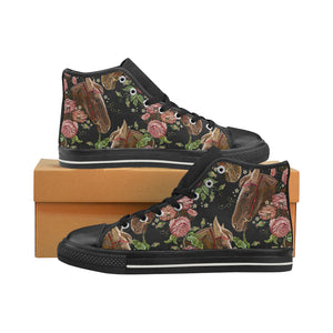 Horse head wild roses pattern Women's High Top Canvas Shoes Black