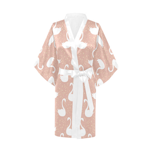 Swan flower light pink background Women's Short Kimono Robe