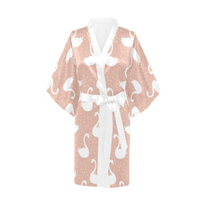 Swan flower light pink background Women's Short Kimono Robe