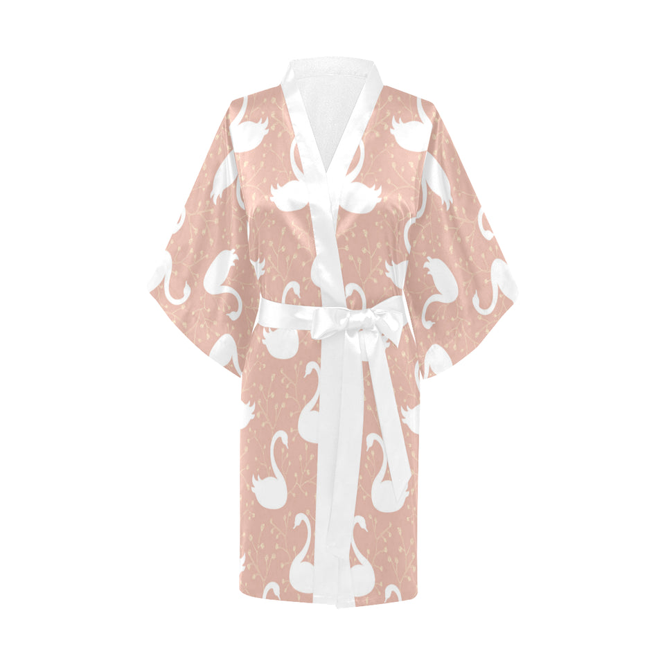 Swan flower light pink background Women's Short Kimono Robe