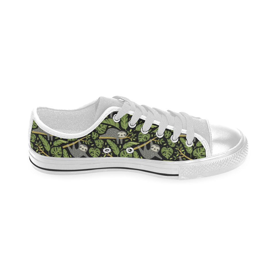 Cute sloths tropical palm leaves black background Men's Low Top Shoes White