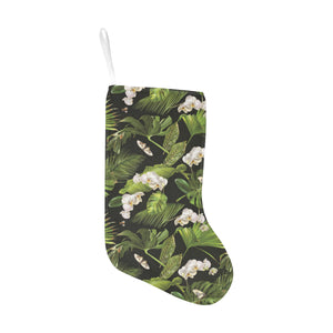 White orchid flower tropical leaves pattern blackg Christmas Stocking