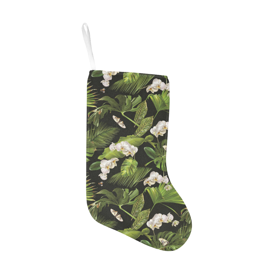 White orchid flower tropical leaves pattern blackg Christmas Stocking