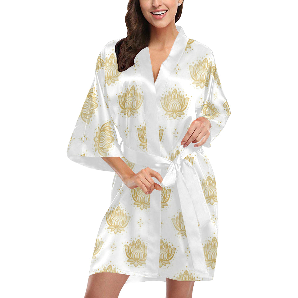 Gold Ornamental lotue waterlily symbol pattern Women's Short Kimono Robe