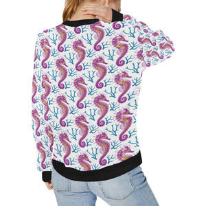 Purple seahorse blue coral pattern Women's Crew Neck Sweatshirt