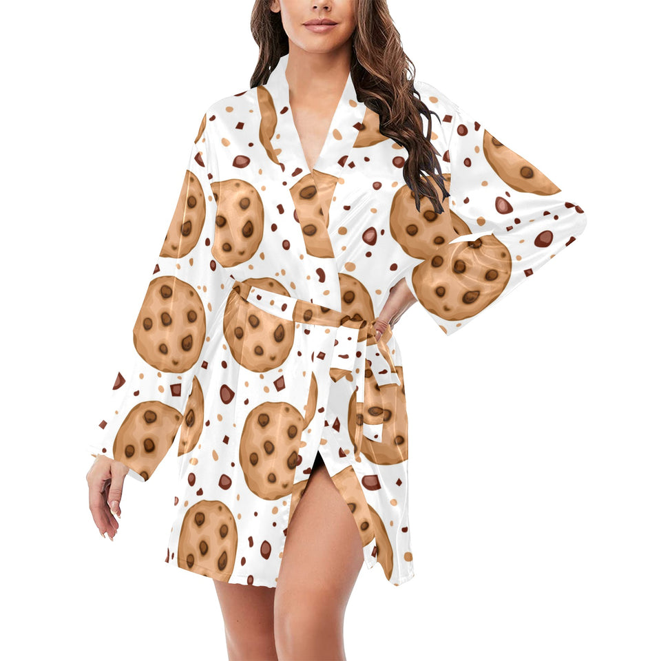 chocolate chip cookie pattern Women's Long Sleeve Belted Night Robe