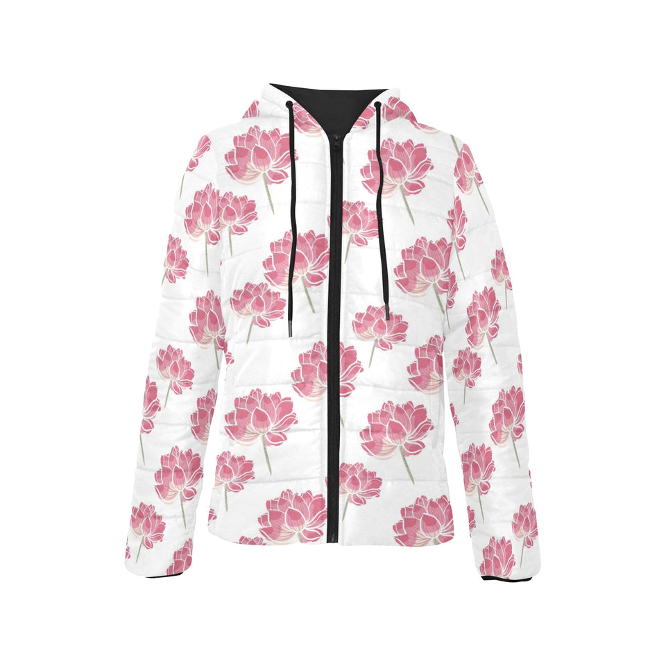 Pink lotus waterlily pattern Women's Padded Hooded Jacket