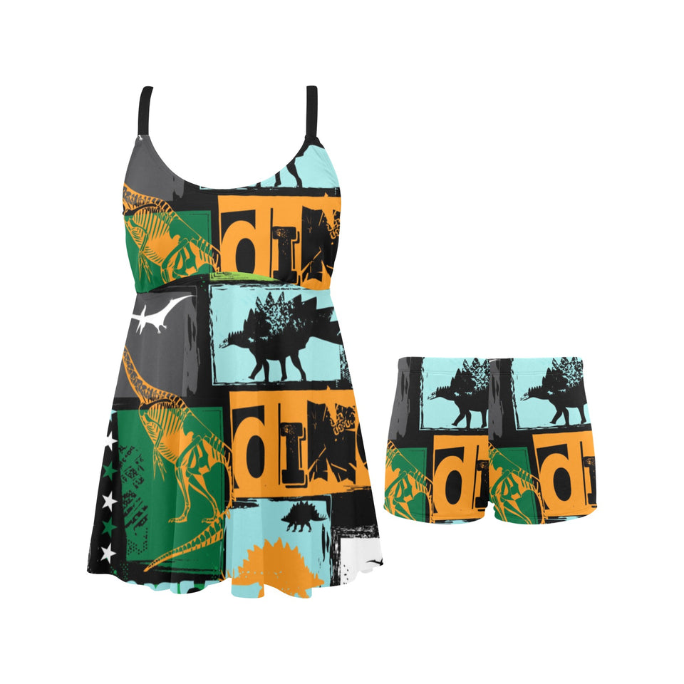 dinosaurs print pattern Chest Sexy Pleated Two Piece Swim Dress