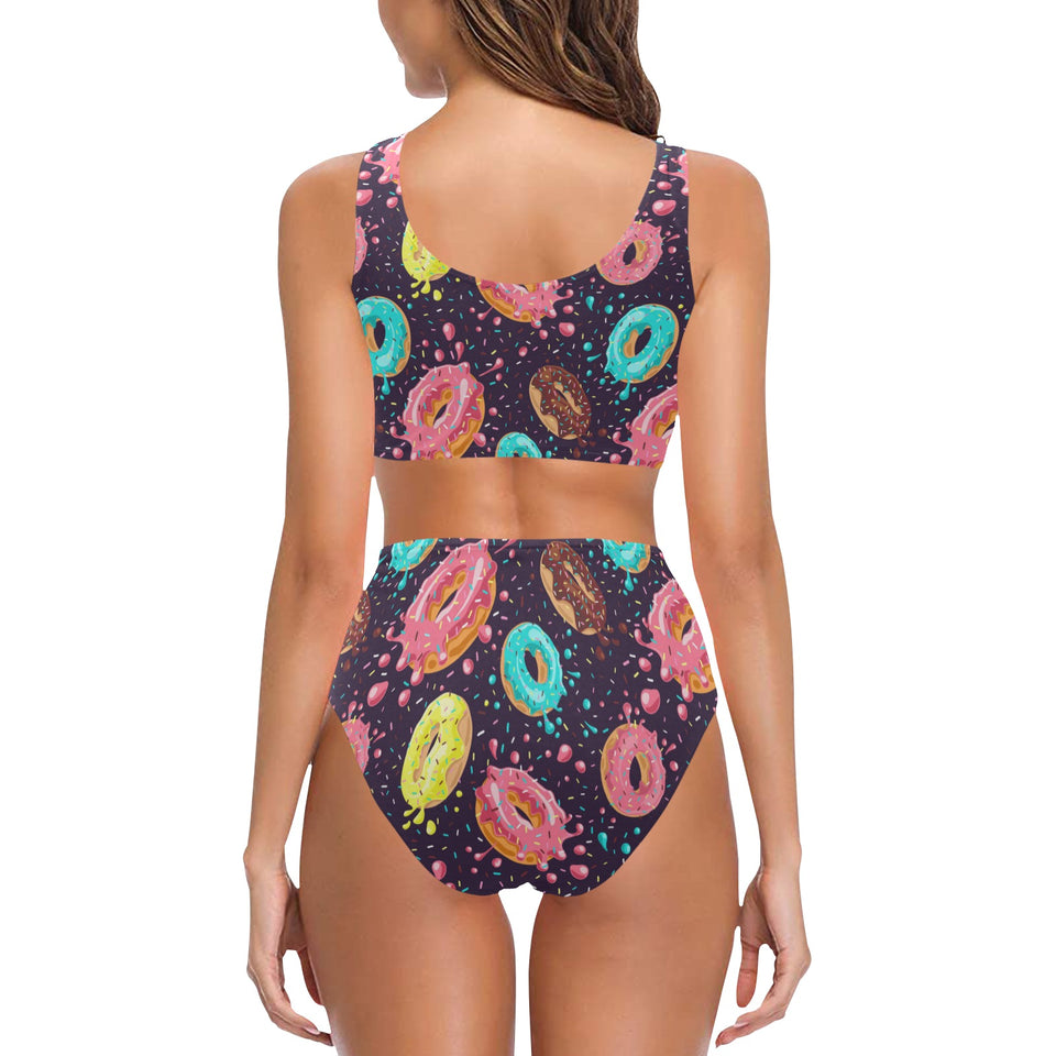 Colorful donut glaze pattern Chest Bowknot High Waisted Bikini Swimsuit