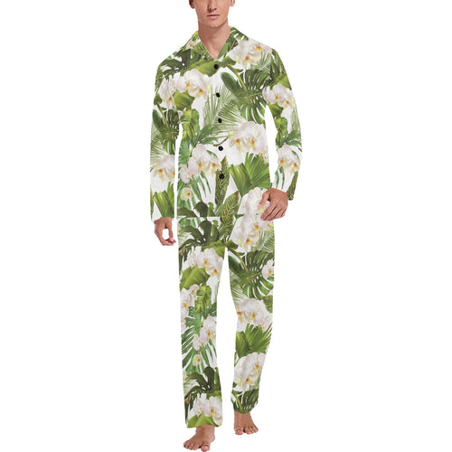 White orchid flower tropical leaves pattern Men's Long Pajama Set