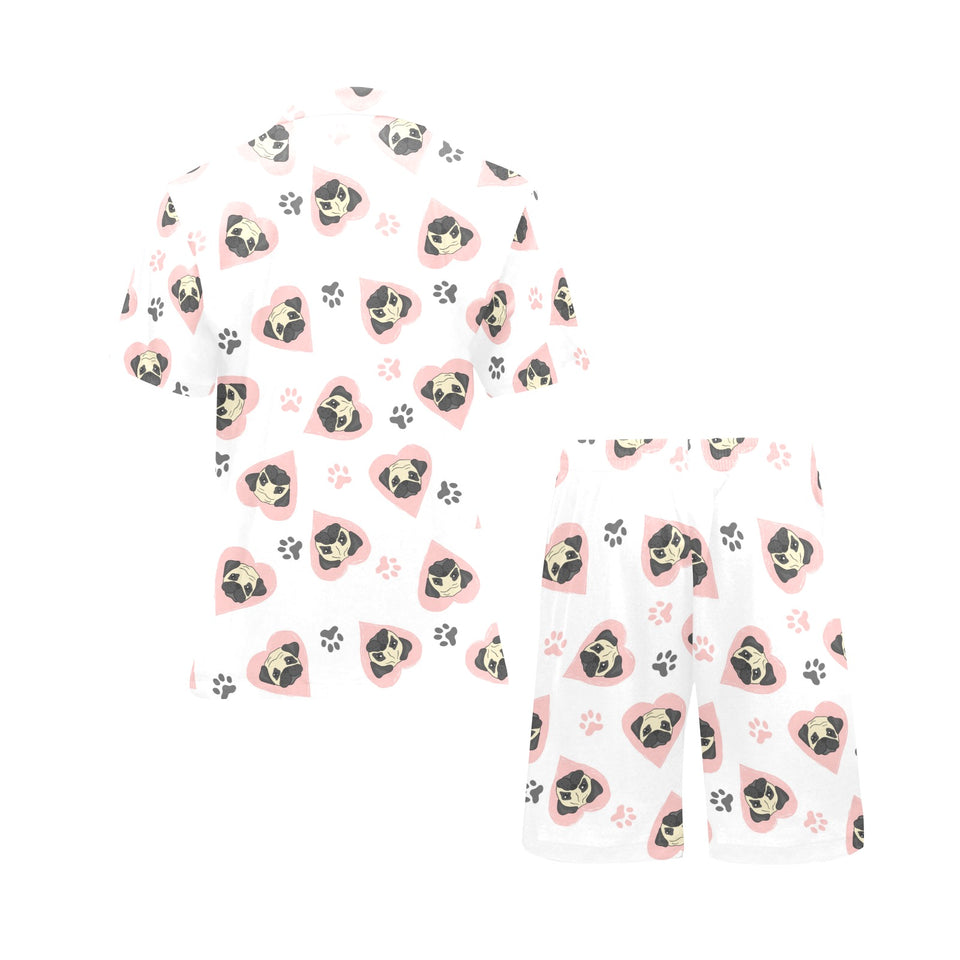 Cute pugs pink heart paw pattern Men's V-Neck Short Pajama Set