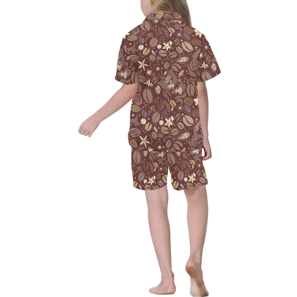 Coffee bean flower pattern Kids' Boys' Girls' V-Neck Short Pajama Set