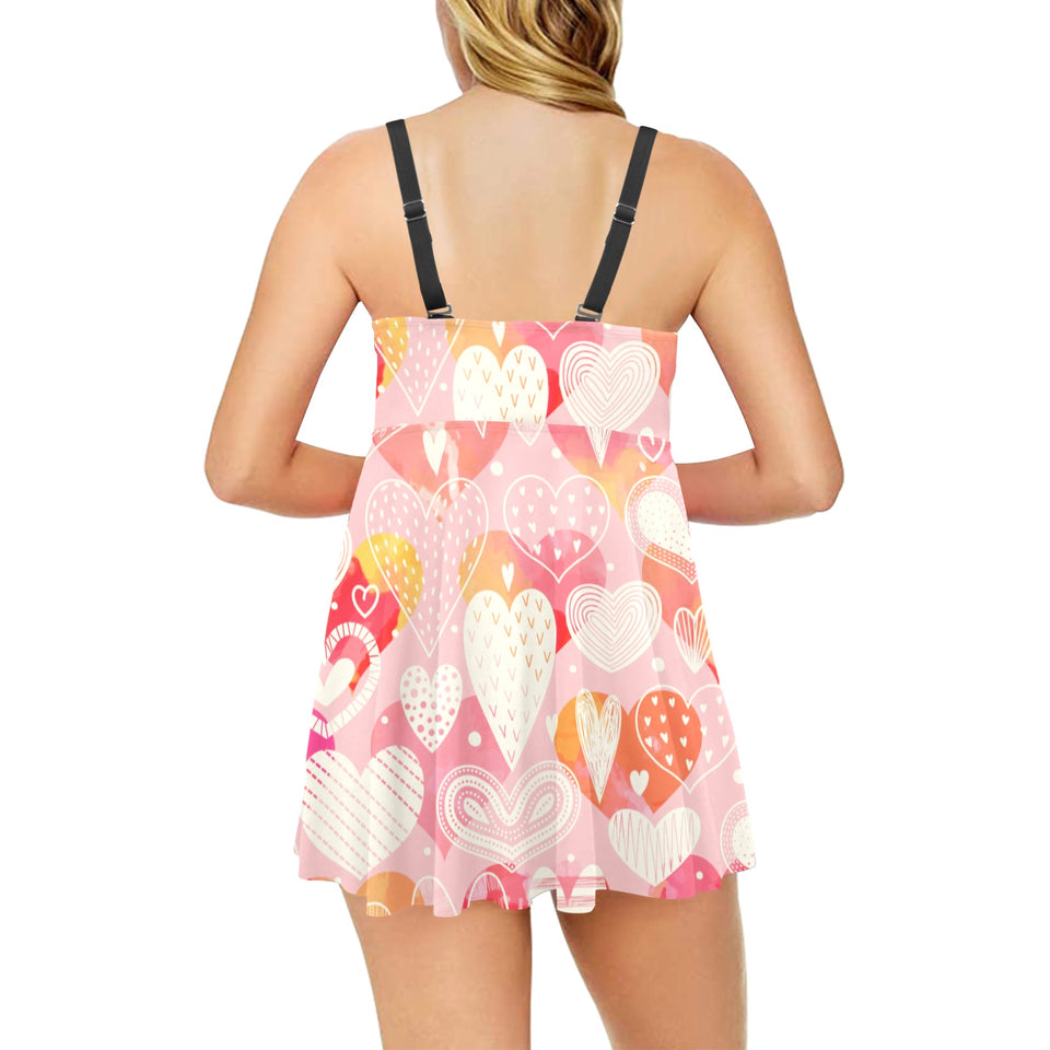 Hand drawn heart design pattern Chest Sexy Pleated Two Piece Swim Dress