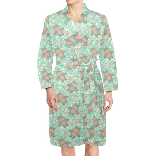 Hippopotamus Pattern Print Design 02 Men's Long Sleeve Belted Night Robe