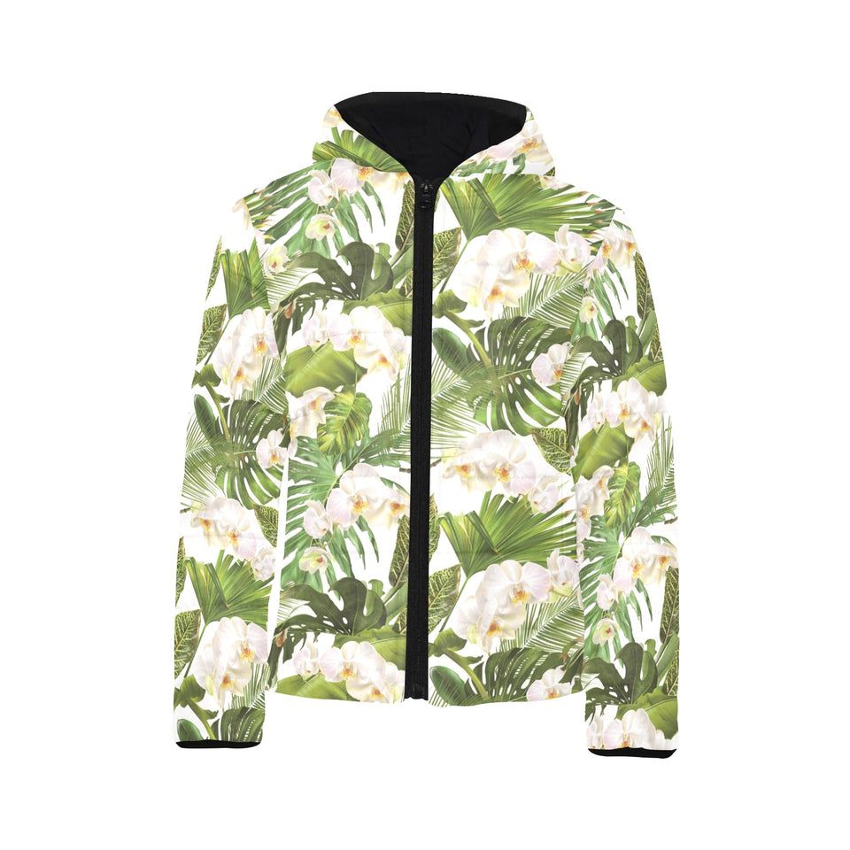 White orchid flower tropical leaves pattern Kids' Boys' Girls' Padded Hooded Jacket