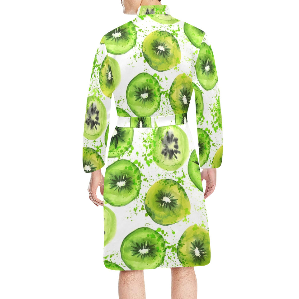 Watercolor kiwi pattern Men's Long Sleeve Belted Night Robe
