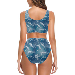 Shark hand drawn Chest Bowknot High Waisted Bikini Swimsuit